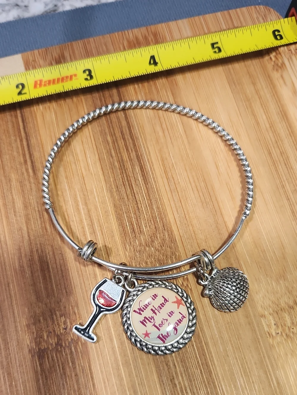 Silver Wine Lover Charm Bangle Bracelet